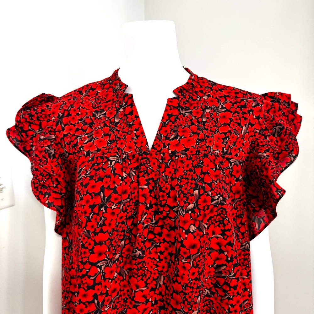 NWOT Red Floral Blouse with Ruffle Sleeves